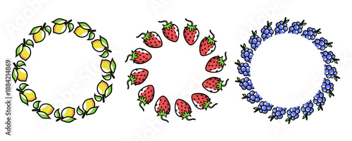Set of three fruit wreaths lemons, strawberries, and grapes arranged in circular designs. Perfect for decorative and seasonal themes