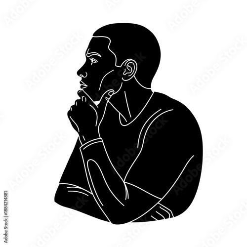 A man in deep thought looks left with his hand on chin in an illustration.