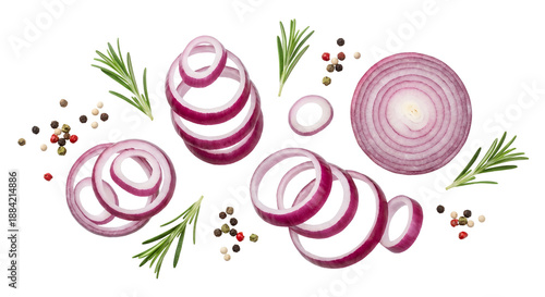 Fresh Red Onion Slices, Vibrant Purple Rings, Aromatic Rosemary Sprigs, and Colorful Mixed Peppercorns in a Dynamic Flat Lay Composition, isolated on transparent background.