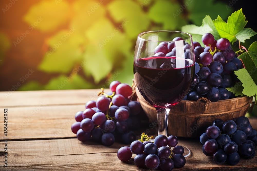 Fototapeta premium Red wine in a glass surrounded by fresh purple grapes on a rustic wooden table, vineyard background