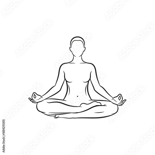 Minimalist line art of a person meditating in lotus pose, illustration, simple background, front view