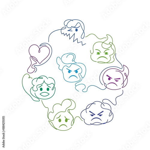 A group of people expressing various negative emotions in a circular formation.