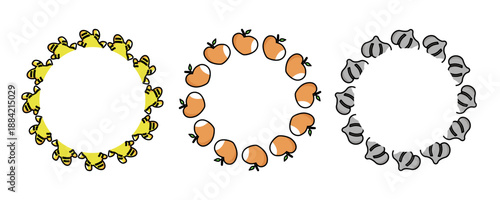 Set of three circular wreaths cartoon bees, peaches, and dumplings arranged in radial patterns