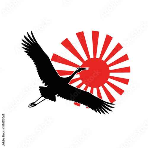 Black crane flying in front of red sun with rays illustration