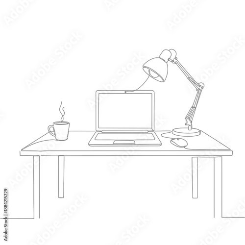 Modern workspace with laptop, steaming coffee cup, desk lamp, and mouse on a clean desk illustrated in simple line art.