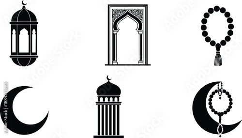 Islamic religious silhouette icon set with lantern crescent moon mosque mihrab minaret and prayer beads symbols