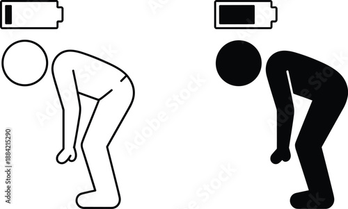 Exhausted Stick Figures with Low Battery Icons on a Dark Grey Background, Concept of Burnout, Chronic Fatigue, Mental Health Struggles, and Digital Energy Depletion Vector Illustration