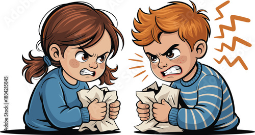 Angry Children Crumpling Paper in a Hostile Confrontation Childhood Emotional Dysregulation, Peer Conflict, and Behavioral Challenges Vector Illustration