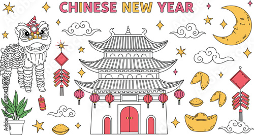 Chinese New Year celebration illustration with traditional temple lion dance lanterns fireworks clouds and festive holiday symbols