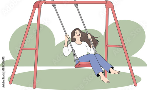 Happy Woman on a Swing Set Outdoors on a Green Background, Concept of Stress Relief, Emotional Freedom, Recreational Leisure, and Mental Wellness Vector Illustration
