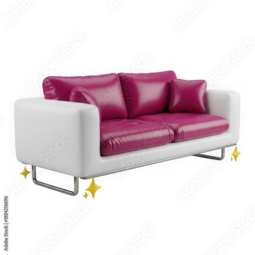 Pink and white leather sofa with chrome legs isolated on a transparent background