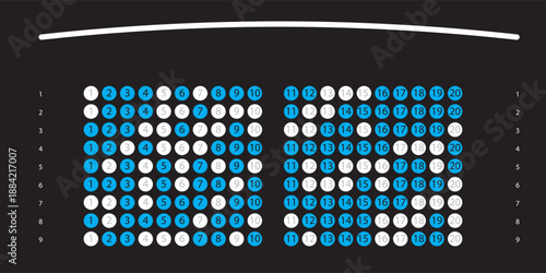 Simple dark-themed seating plan for cinemas with available and reserved seats, ideal for online bookings. Vector showing map seat and theater screen placement. Suitable for movie ticket reservations.