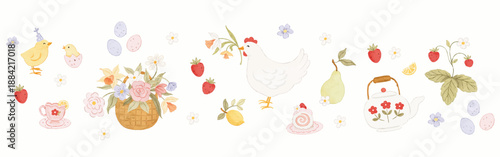 EASTER WATERCOLOR BANNER WITH CHICKS CHICKEN STRAWBERRIES AND SPRING FLORALS