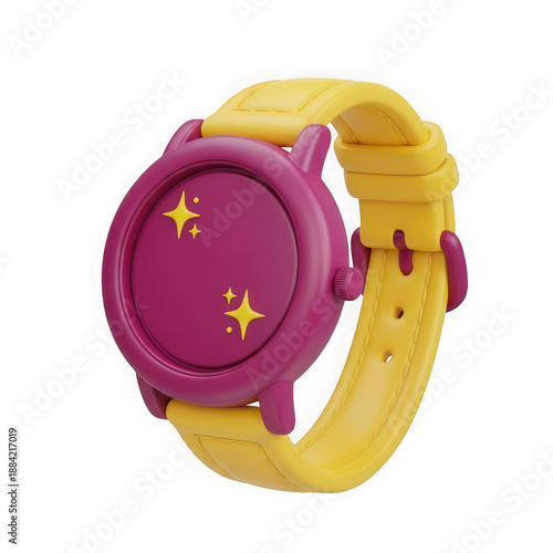 Pink and yellow wristwatch with star isolated on a transparent background