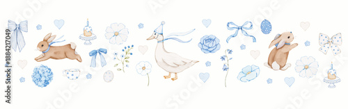 EASTER NURSERY WATERCOLOR BANNER WITH BUNNIES GOOSE RIBBONS AND BLUE FLORALS