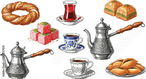 Traditional Turkish tea and dessert illustration set with teapots baklava lokum simit cups and cultural food elements