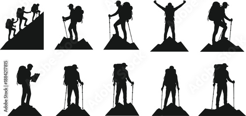 Hiking mountaineer silhouette set adventure trekking, cad drawing flat vector illustration