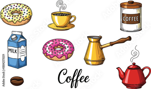 Coffee and breakfast illustration set with cup donuts milk cezve teapot coffee jar and cozy morning drink elements