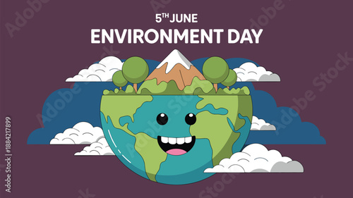Happy Earth Character with Mountains and Trees for June 5th World Environment Day, Concept of Global Nature Environmental Stewardship Vector Illustration