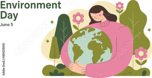 Woman Embracing the Earth for June 5th Environment Day, Concept of Nature Conservation, Global Ecological Protection, Sustainable Living, and Maternal Care for the Planet Vector Illustration