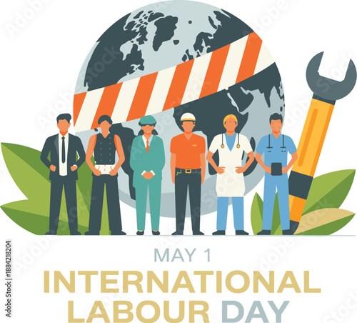 Diverse Professionals Standing in Front of a Globe for May Solidarity, Workers' Rights, Industry Diversity, and Labour Force Appreciation Vector Illustration