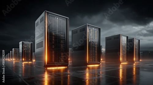 Low energy servers reducing carbon footprint in a futuristic data center at night