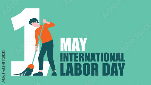 Worker Sweeping with a Broom for May 1st International Labor Day, Concept of Manual Labor Appreciation, Service Dedication, Workforce Solidarity, and Public Holiday Celebration Vector Illustration