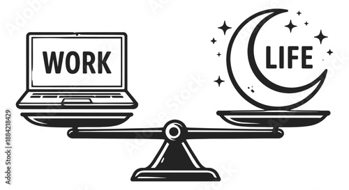 Hand drawn line art illustration of work-life balance depicting work and life on a balanced scale for professional and personal wellbeing