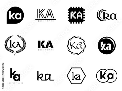 KA logo company template. Letter k and a logotype. Set different classic serif lettering and modern bold text with design elements. Initial font typography.