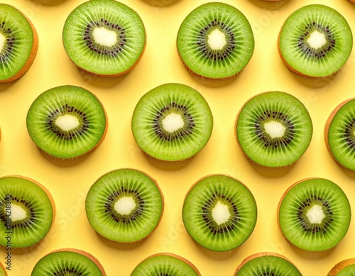 Freshly sliced vibrant green kiwi fruit halves perfectly arranged in a beautiful geometric pattern on a sunny yellow background highlighting natural healthy food ingredients