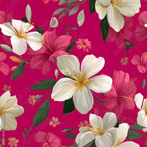 A vibrant floral pattern featuring white and pink hibiscus flowers on a deep pink background