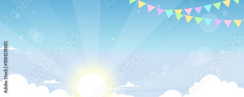 Morning sky,rising sun,sunrise light ray,clouds and pastel flags for Easter party background.Banner festive background for Spring celebration,Party invitation,Seasonal design concept