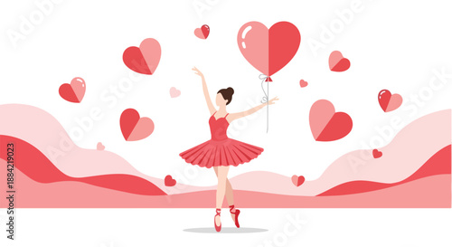 Beautiful ballerina dancing with heart balloon on pink background. Romantic Valentine's Day greeting card with graceful dancer. Elegant ballet girl flat illustration.
