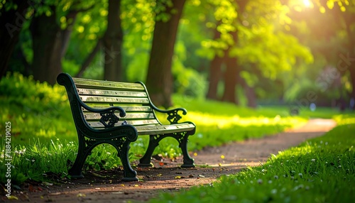 Park bench on a sunlit path, lush green trees, soft light, inviting and serene atmosphere
