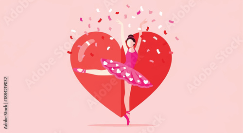 Beautiful ballerina dancing in front of a big red heart with confetti. Romantic Valentine's Day greeting card with graceful ballet dancer. Happy Valentine's Day vector illustration
