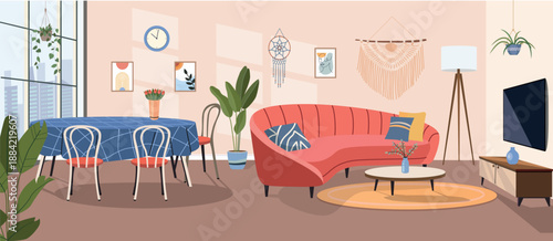Cozy modern living room interior with sofa, dining table and home decor. Vector flat  cartoon illustration