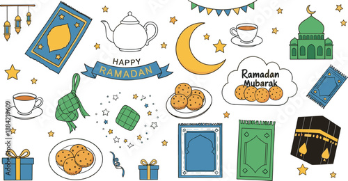 Ramadan Mubarak festive illustration set with crescent moon mosque lantern Quran tea sweets gifts and Islamic holiday decorations