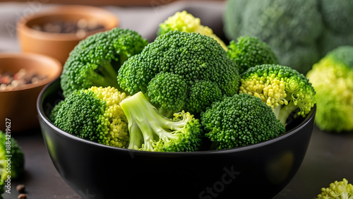 Wallpaper Mural Fresh green broccoli florets in a black bowl on a kitchen counter Torontodigital.ca