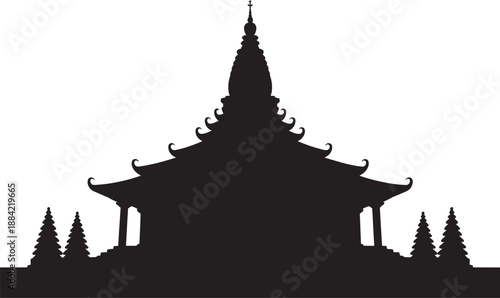 Black Silhouette of Thai Temple on White Background