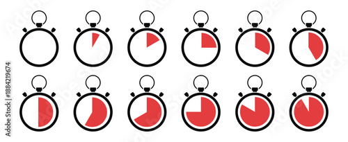 Collection of stopwatch icons representing time elapsed from start to finish