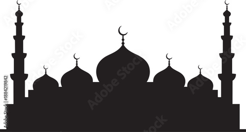 Mosque Silhouette with Minarets and Domes on White Background