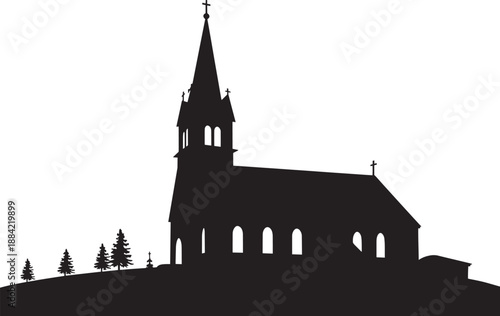 Black Church Silhouette on Hill with Trees Isolated on White