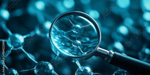 High-resolution image of magnifying glass on top of atom structure with blue glow effect