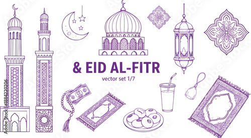 Ramadan and Eid Al Fitr decorative line art vector set with mosque lantern crescent prayer rug dates and ornaments
