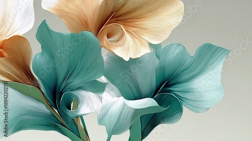 Elegant Artistic Floral Arrangement Featuring Abstract Petals in Silver, Mint, and Gold Colors