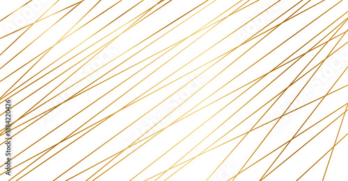 White background with random geometric lines creating abstract pattern. Gold diagonal stripes form chaotic linear texture with asymmetric angles and modern urban style. Vector illustration.