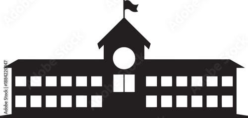 Black School Building Silhouette with Flag on White Background
