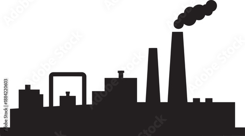 Industrial Factory Silhouette with Smoking Chimney on White Background