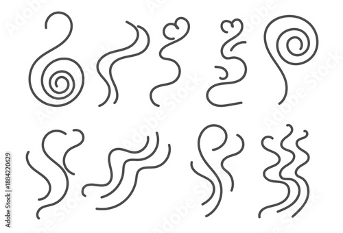 Icons of hot steam waves, smell, aroma, etc. waves of steam rising from hot food and drinks. Doodles of aroma and steam showing cooking, smell, steam on transparent background. Vector illustration.
