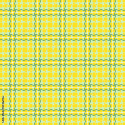 A sunny yellow and green pixelated plaid background, blending traditional tartan style with a digital mosaic feel. Versatile for spring fashion, web design, or creative paper products.